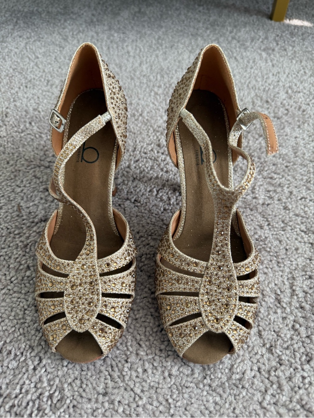 Bakers Gold Rhinestone T-Strap Peep-Toe Heels
